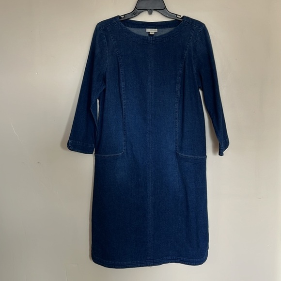 J. Jill Modest Casual Blue Denim Shift Dress with 3/4 Sleeves - Size Small Tall - Picture 3 of 9